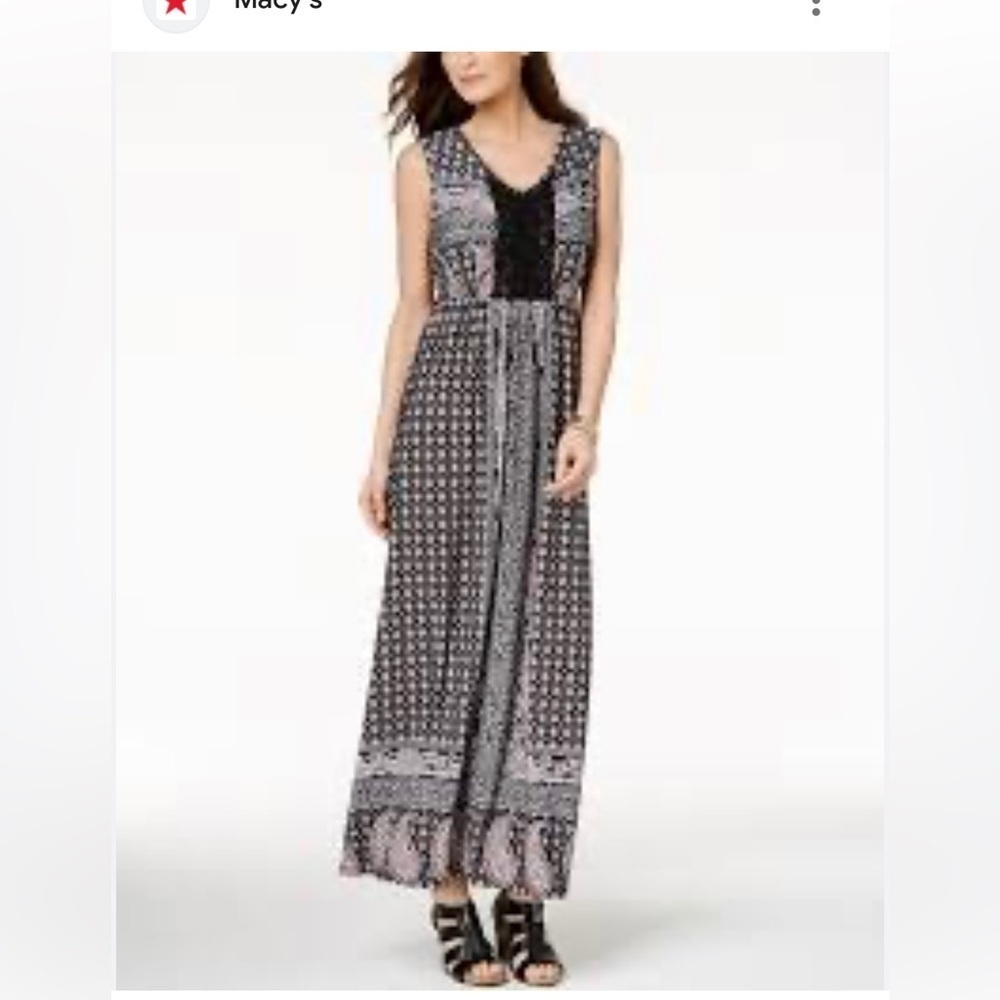 NWT Style & Co Macy's Maxi Dress Crochet V-neck Black Pink XS Tank Sleeveless